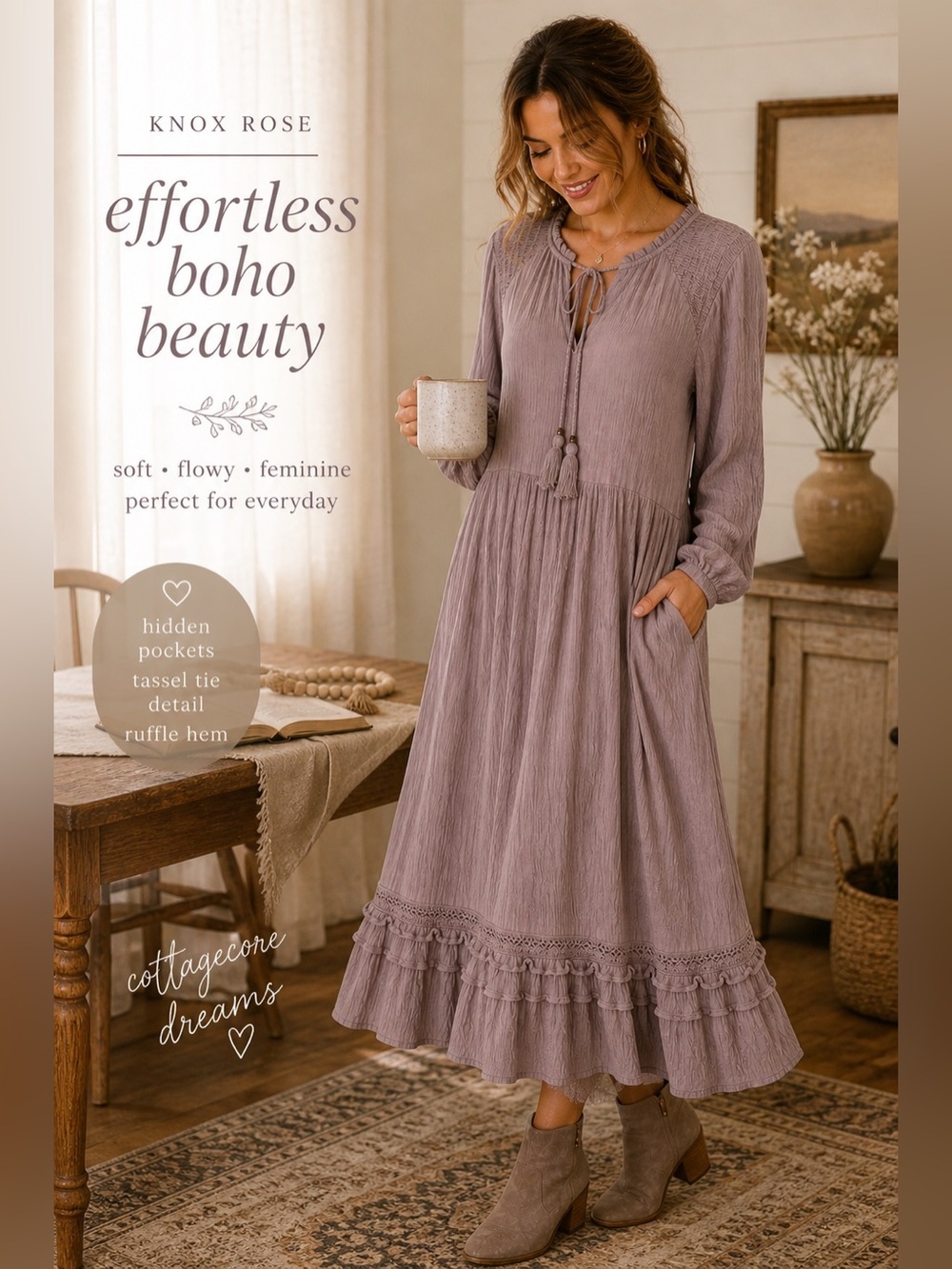 Knox Rose Boho Cottagecore Midi Dress Taupe Ruffle Tassel Small